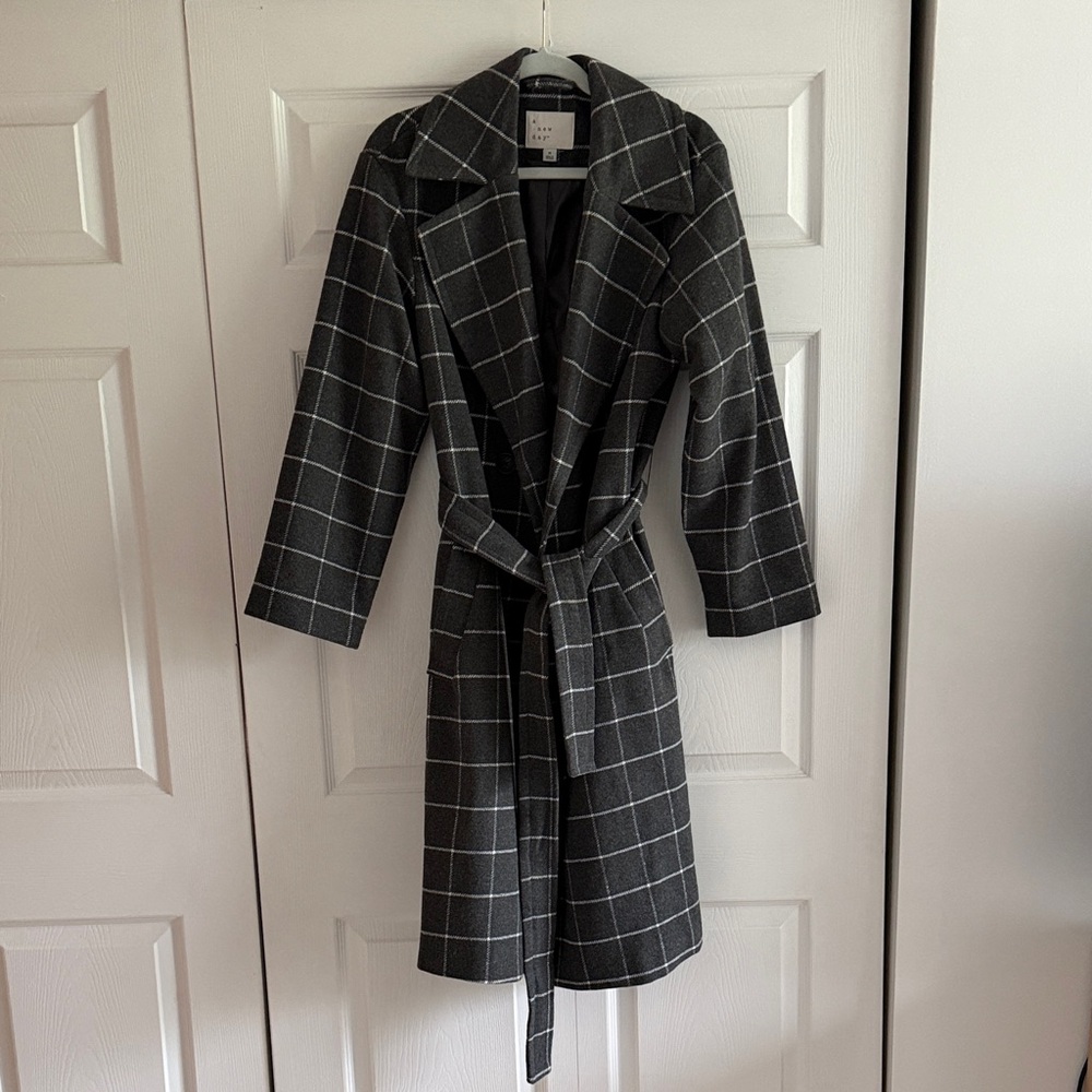 Windowpane Belted Wool-Blend Coat - Gray - Target